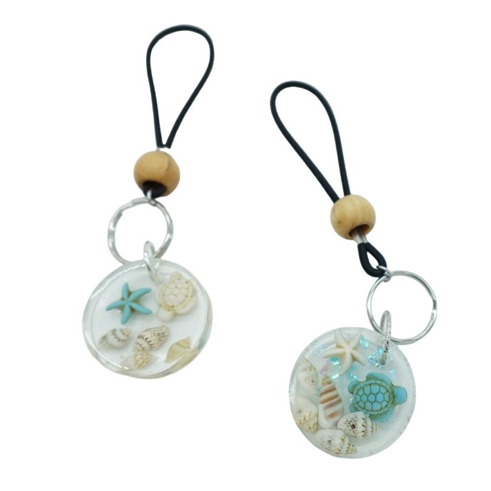 Tropical theme Round resin beach Keychain Pool Key turtles, shells & starfish